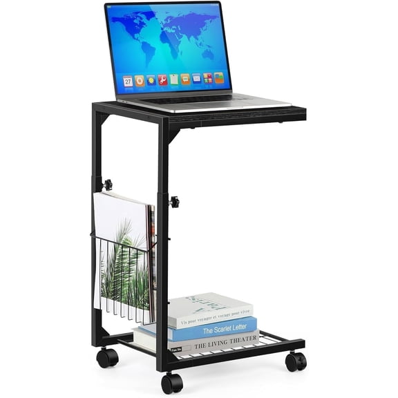 Adjustable C-Table with Storage Mesh Basket, C-Shaped Side Table with Wheels for Living Room and Bedroom, Slides Under Sofa for Laptop, Black
