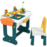 5 in 1 Kids Multi Activity Table and Chair Set, Building Block Table w/Double-Sided Board, Storage, Children Draw Table w/Pen Folding to Toddler Luggage, Gift for Boys & Girls