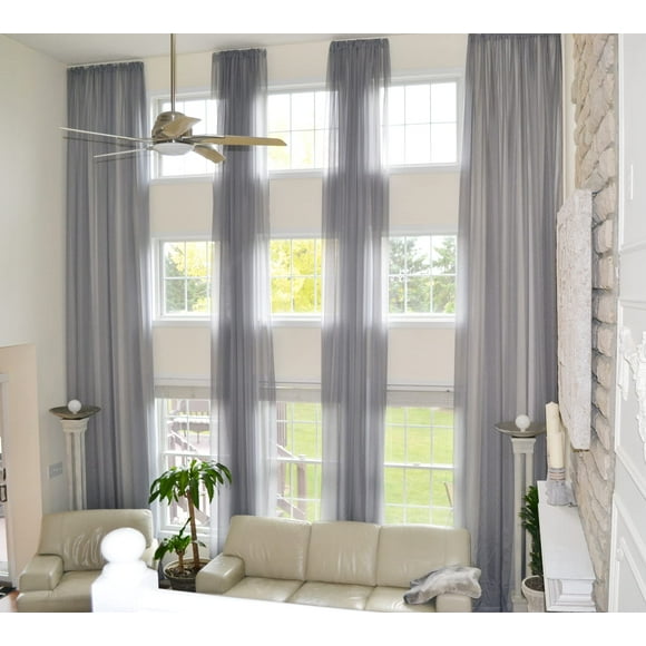 Panneau de Rideau en Voile Transparent Extra Long sur Mesure pour Plafond Haut 2 Étages. (12 Pieds, Gris)