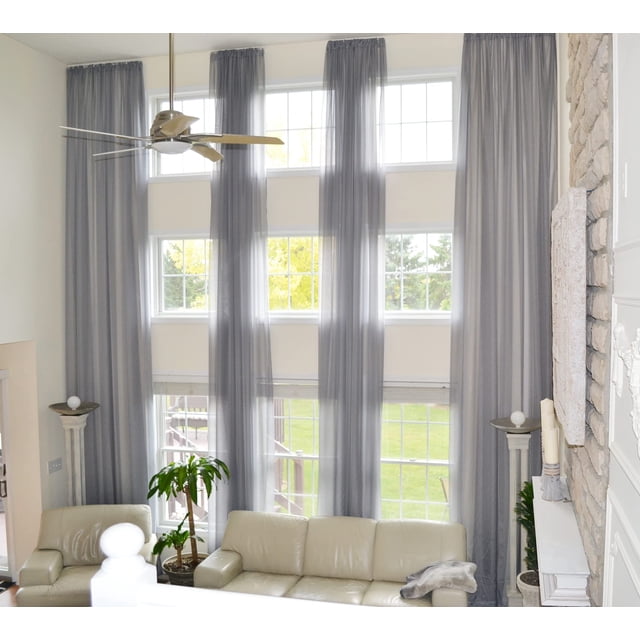 Extra Long Sheer Voile Curtain Panel Custom Made Length for high Ceiling 2 Story. (12 ft, Grey)