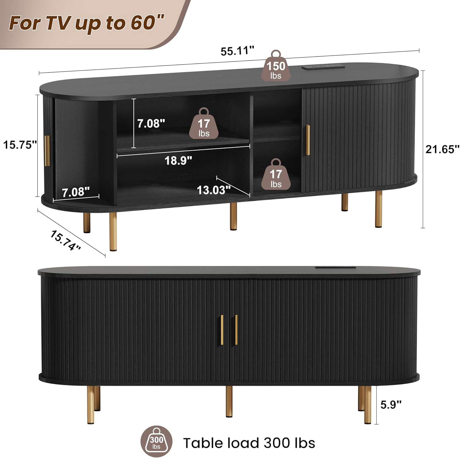 TV Stand with Power Outlet for TVs up to 60 Inch, Modern Entertainment Center with Storage, Adjustable Shelves & Sliding Doors, Media Console for Living Room Bedroom (Black, 55 Inch)