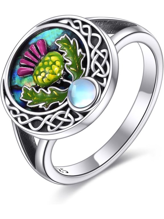 Scottish Thistle Ring 925 Sterling Silver Moonstone Scottish Celtic Rings Thistle Jewelry Gifts for Women #8