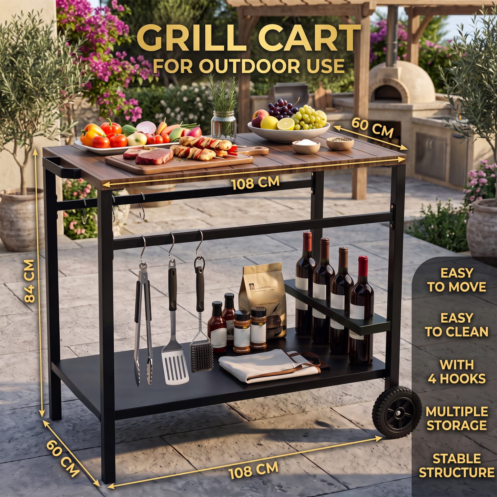 Furnibear Outdoor Grill Cart with Spice Rack and Hooks for Patio and Garden for Kitchen Dining Home Rolling Utility Serving, Brown