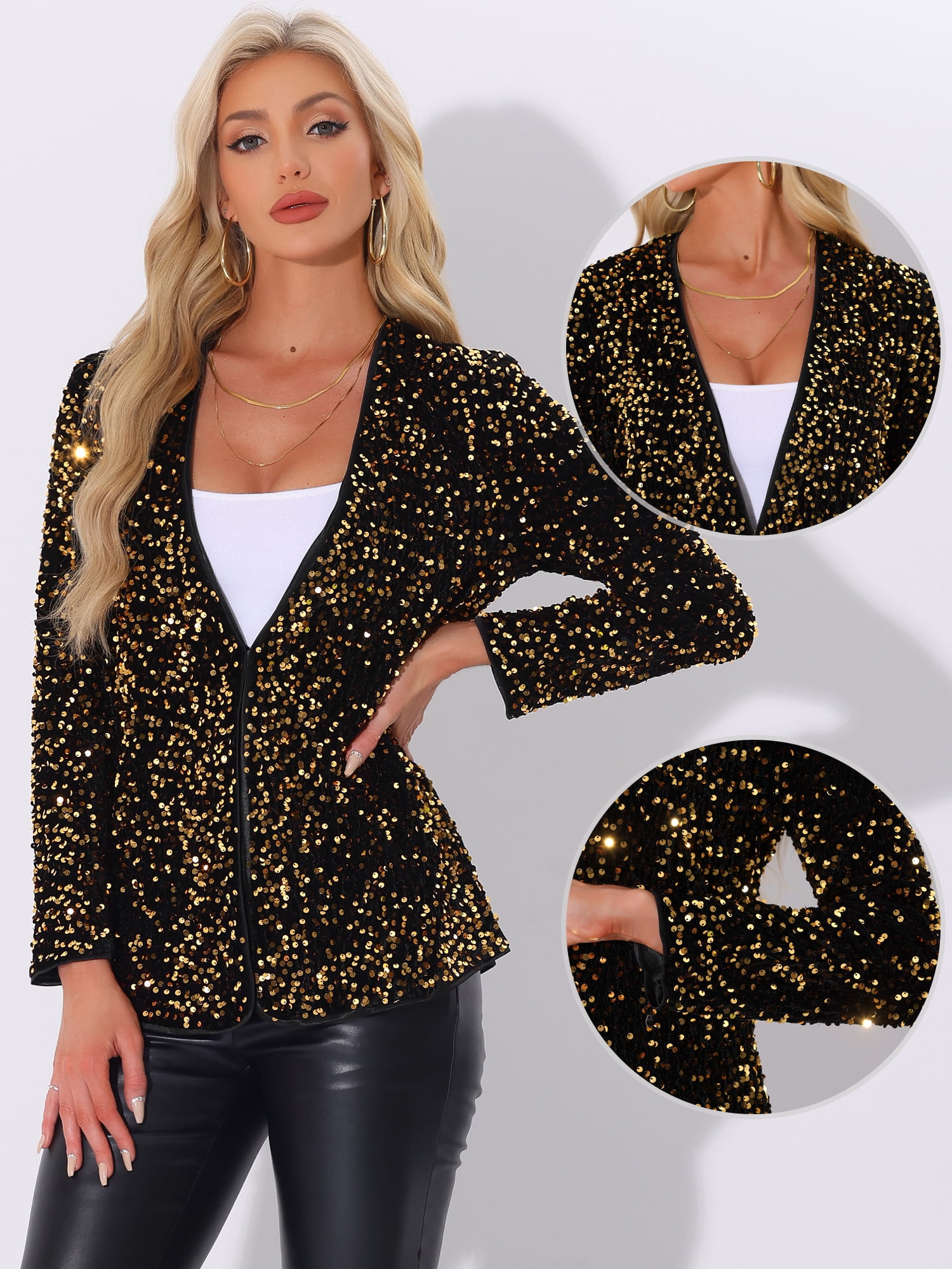 DARING DIVA Sequin Blazer Jacket Sparkly Open Front Cardigan S Gold