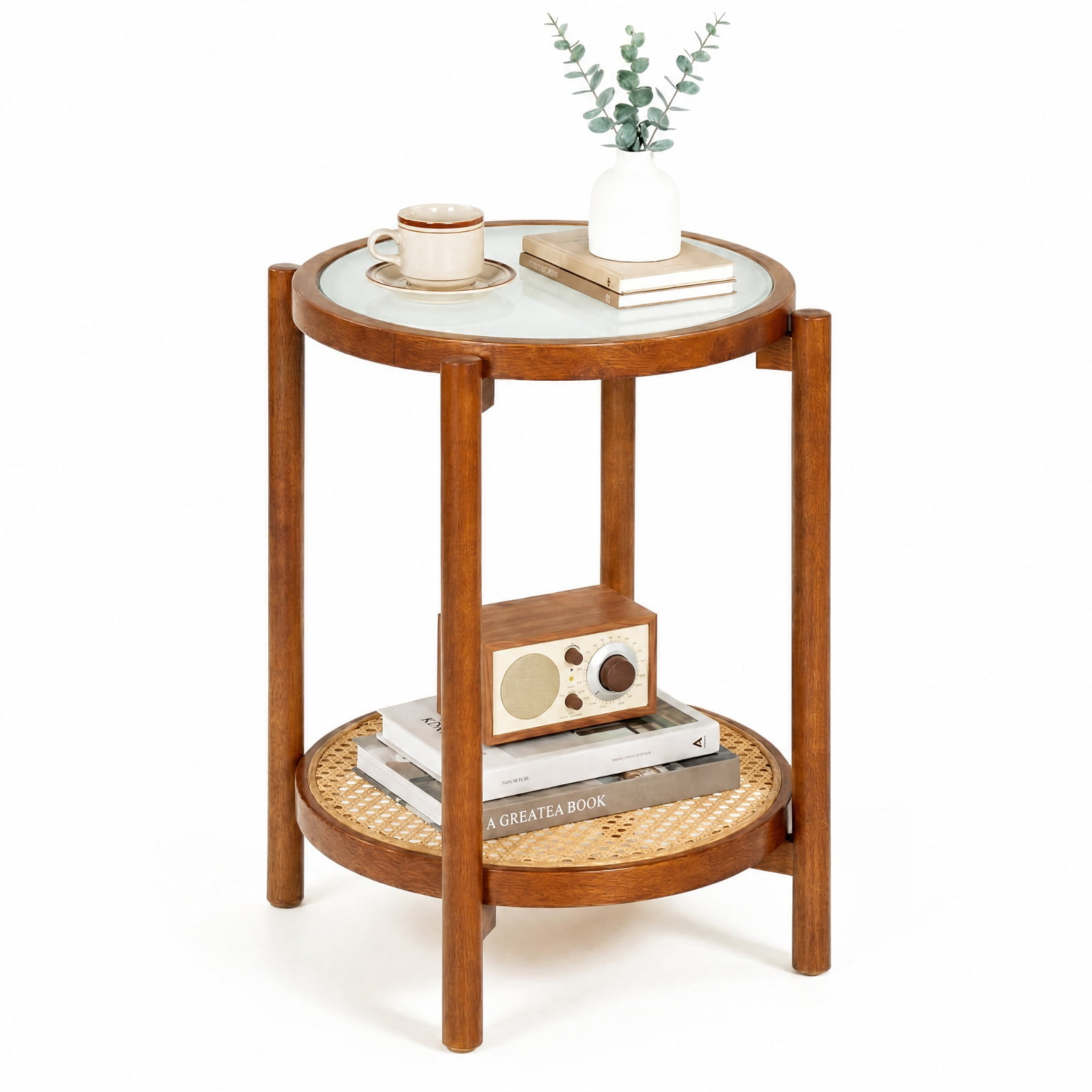 Furnibear Round Side Table 2 Tier Boho End Table with Tempered Glass Top and Woven Rattan Shelf on Acacia Wood Legs for Living Room, Walnut
