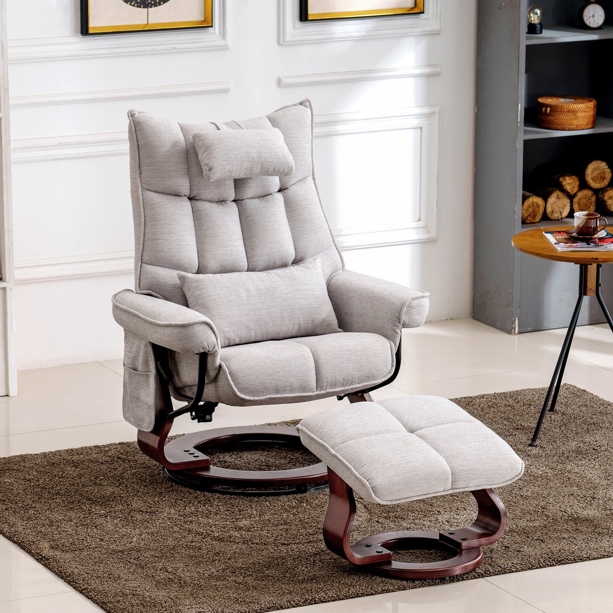 Mcombo Swivel Recliner with Ottoman, Massage TV Chairs with Neck Pillow and Side Pocket for Living Reading Room, Chenille Fabric 4188
