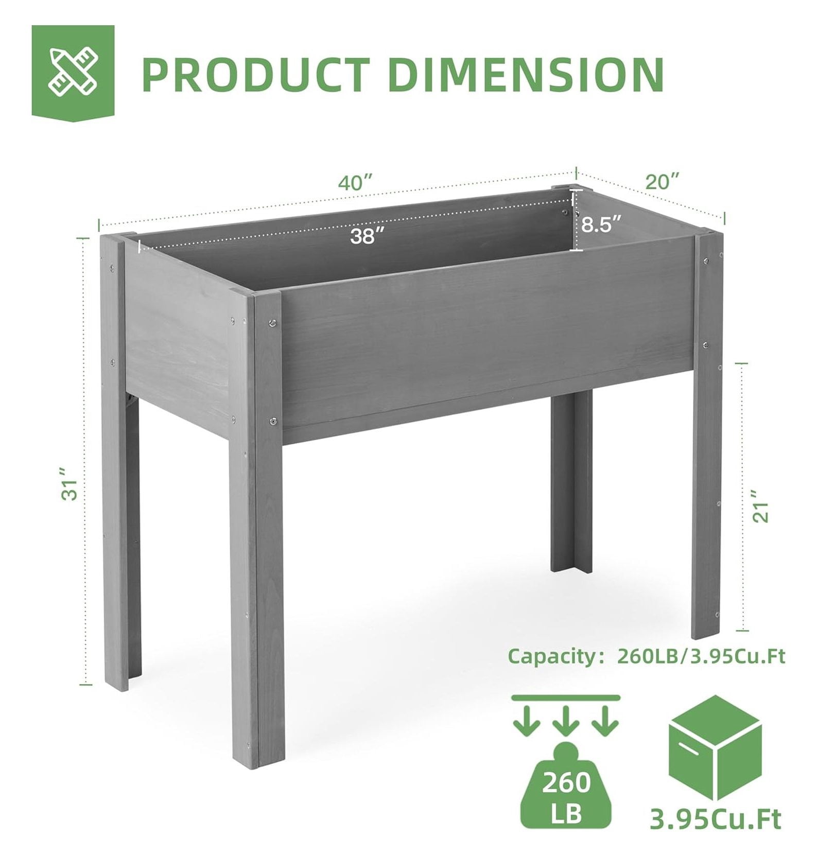 40x20x31 inch Raised Garden Bed with Legs, Elevated Wooden Planter Box for Outdoor Plants Flowers Fruits Vegetable Growing