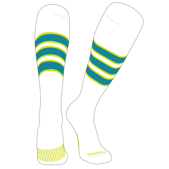 PEAR SOX Striped OTC Baseball, Softball, Football Socks (C) White, NEON Yellow, Marlin Teal
