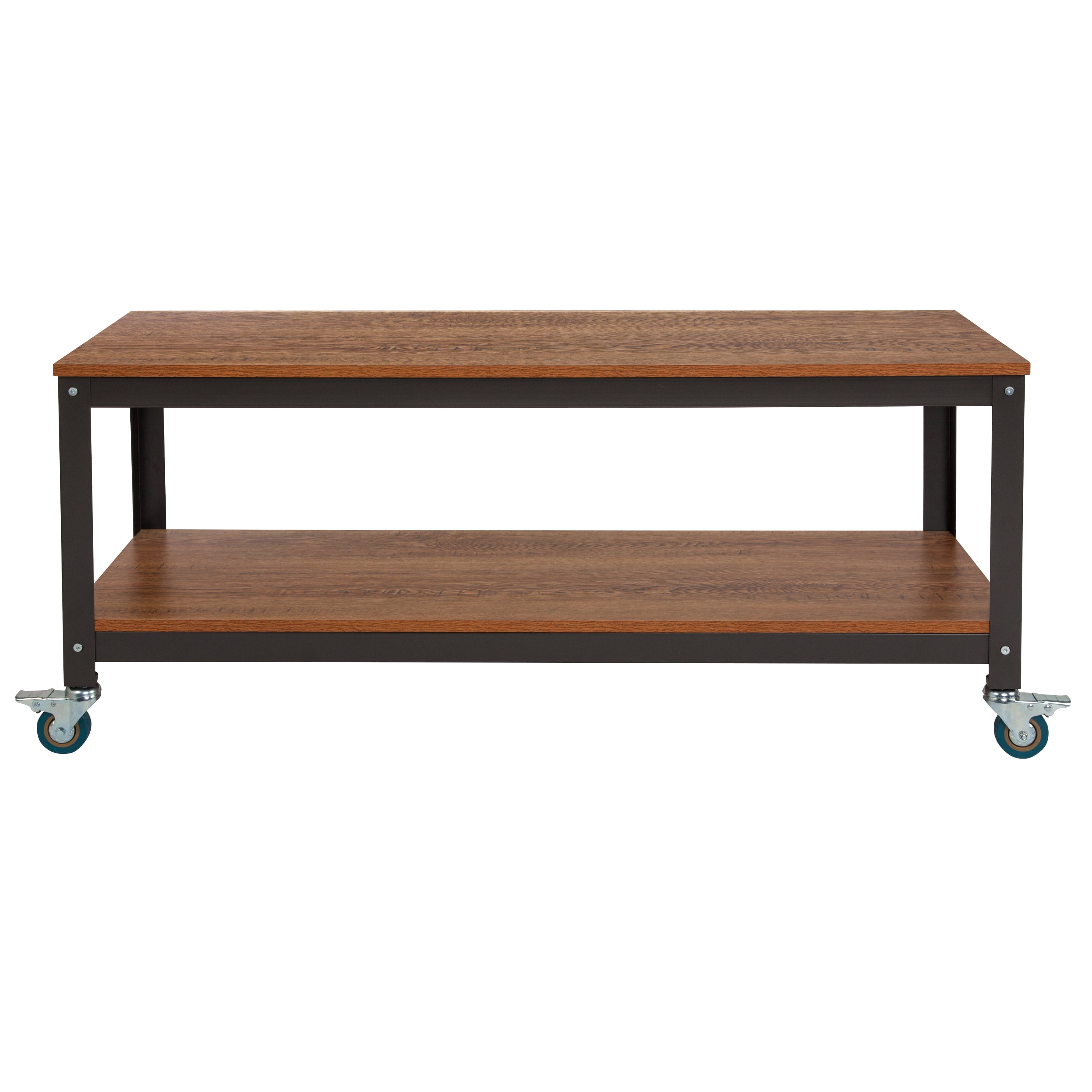 Emma + Oliver TV Stand in Brown Oak Wood Grain Finish with Metal Wheels