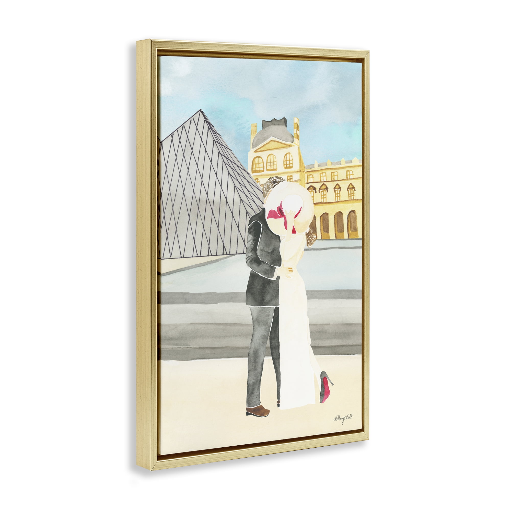 Stupell Industries Couple Embrace At The Louvre Gold Framed Floater Canvas Wall Art, design by Hillary Holt