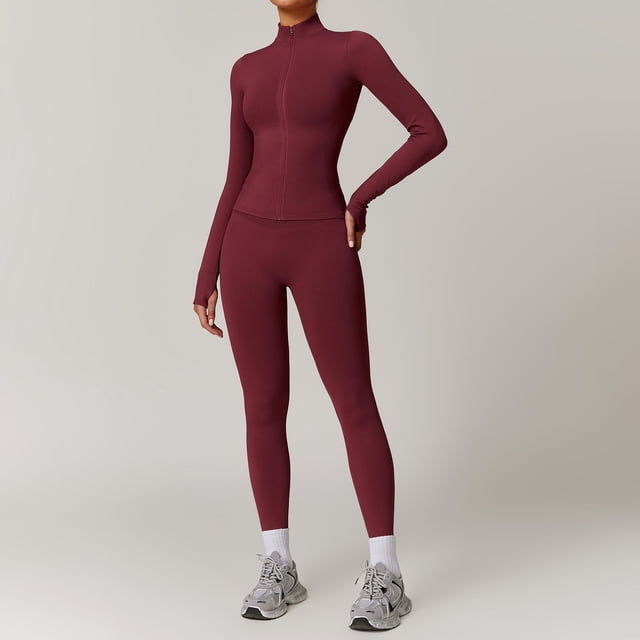 Top-kevin 2 Piece Seamless Ribbed Workout Sets With Zip Up Jacket High Waisted Gym Yoga Leggings