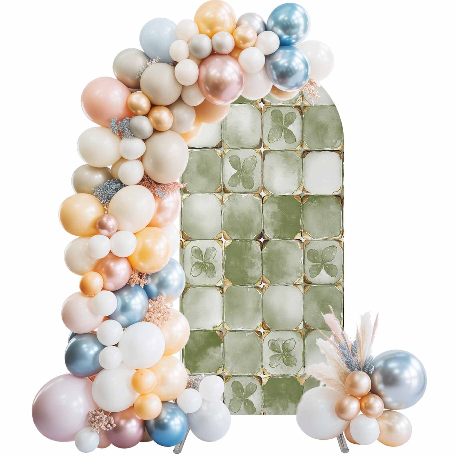 Sage Green Geometric Arch Backdrop Cover 5Ft, Wedding Arch Covers Stretchy Backdrop, Modern Abstract Art Botanical Fitted 2 Sided Arched Photo Background for Birthday Party Decorations