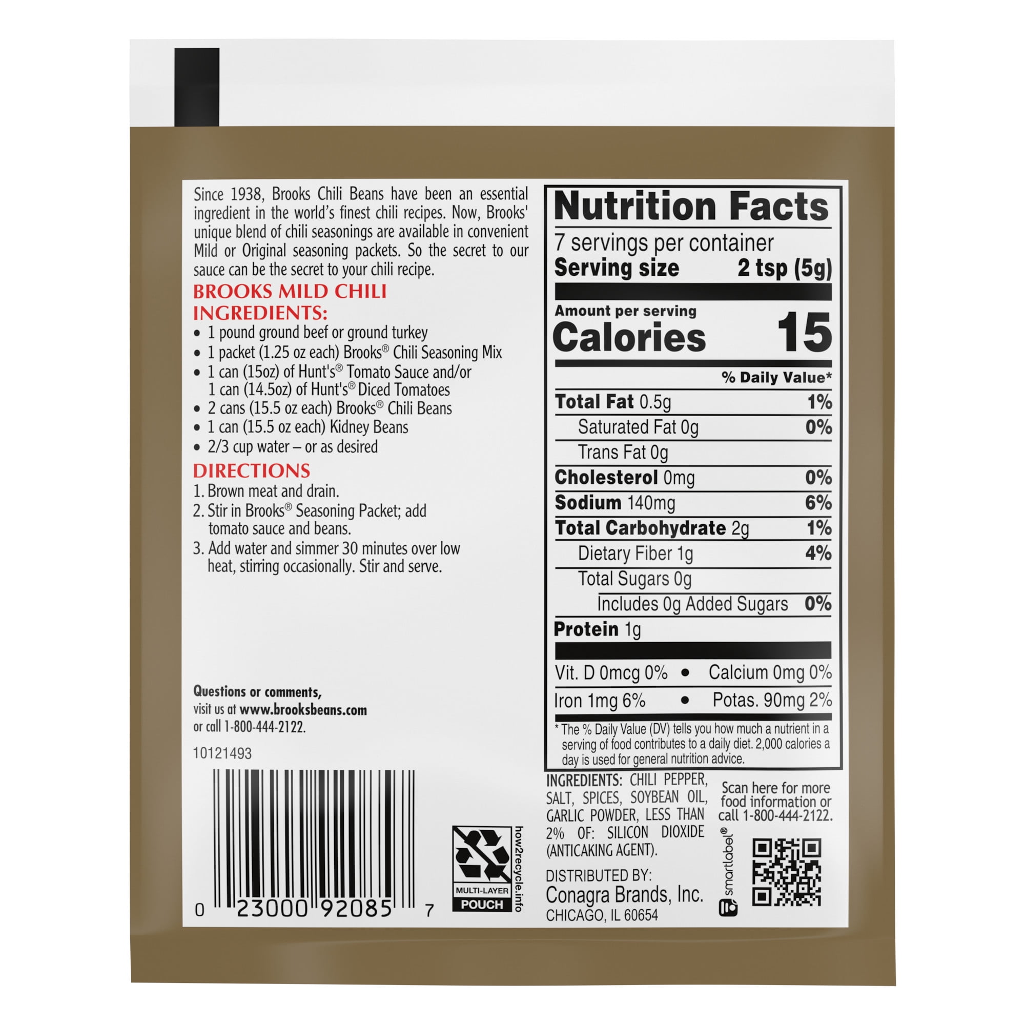 (6 pack) Brooks Secret Chili Seasoning Mix, Mild, 1.25 oz.
