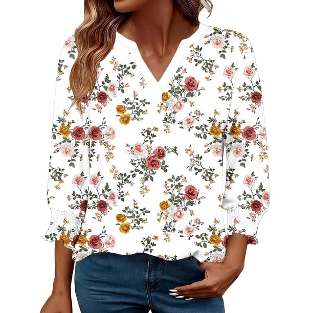 TaTaai Loose Fit V-Neck Top for Women 3/4 Sleeve with Smocked Cuffs Casual Printed Blouse Fashion Unstructured Print Soft Flowy Shirt for Spring Daily Vacation Gift