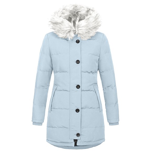 XPMWRP Women's Faux Fur Hood Puffer Coats Plus Size Thicken Solid Color Long Sleeve Parka Overcoat Winter Soft Warm Trendy Button Coats with Pockets Blue S