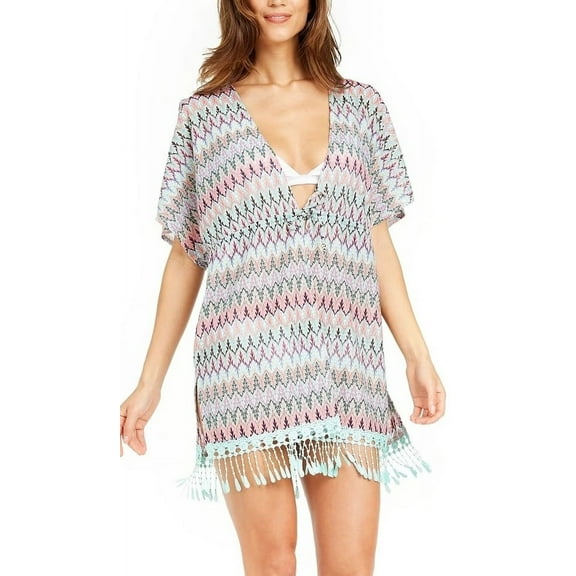 Miken NEON MULTI Printed Crochet Fringed Caftan Swim Cover-up, US X-Small