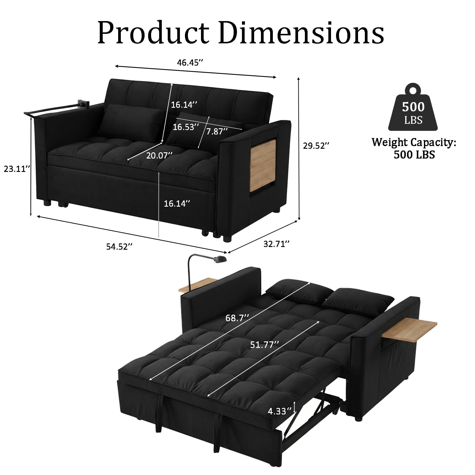 Pull Out Sofa Bed,Full-Size Sleeper Sofa,Velvet Convertible Loveseat Counch with Side Strong Pocket,Multi-Function 2-Seater Sofa Bed with Wheels for Living Room Apartment Guest Room,Black
