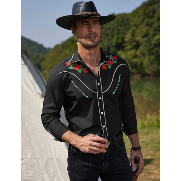 COOFANDY Men's Western Cowboy Shirt Long Sleeve Slim Fit Rose Embroidered Cotton Casual Button Down Shirts