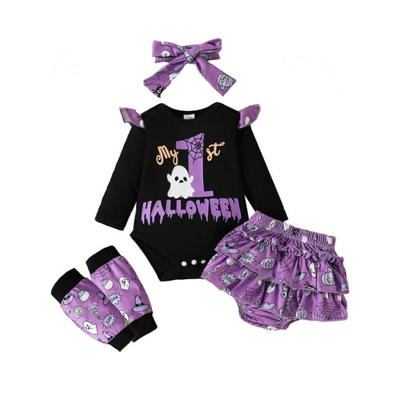 WIBACKER My First Halloween Outfits 0-18M Baby Girl Newborn Ghost Boo Bodysuit   Tutu Shorts with Leg Warmer 4Pcs Sets Party Cosplay Costumes