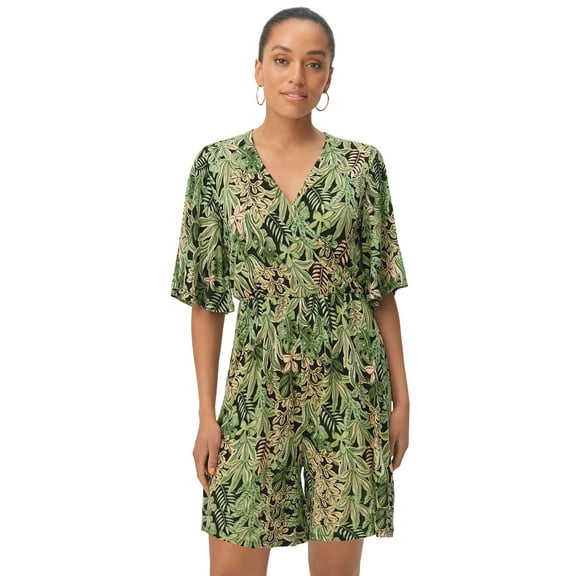 ellos Women's Plus Size Flutter Sleeve Surplice Romper - 30/32, Green Multi Fern