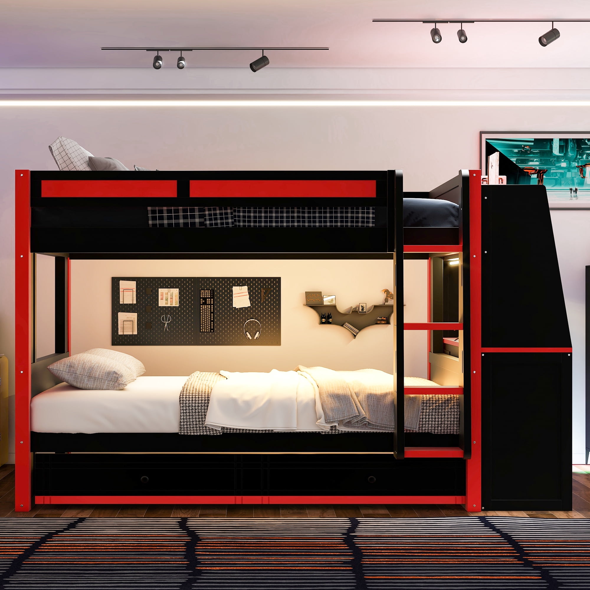Euroco Wood Full over Full Bunk Bed with Desk and Shelves, Gaming Bed with Drawers and LED Lights, Red & Black