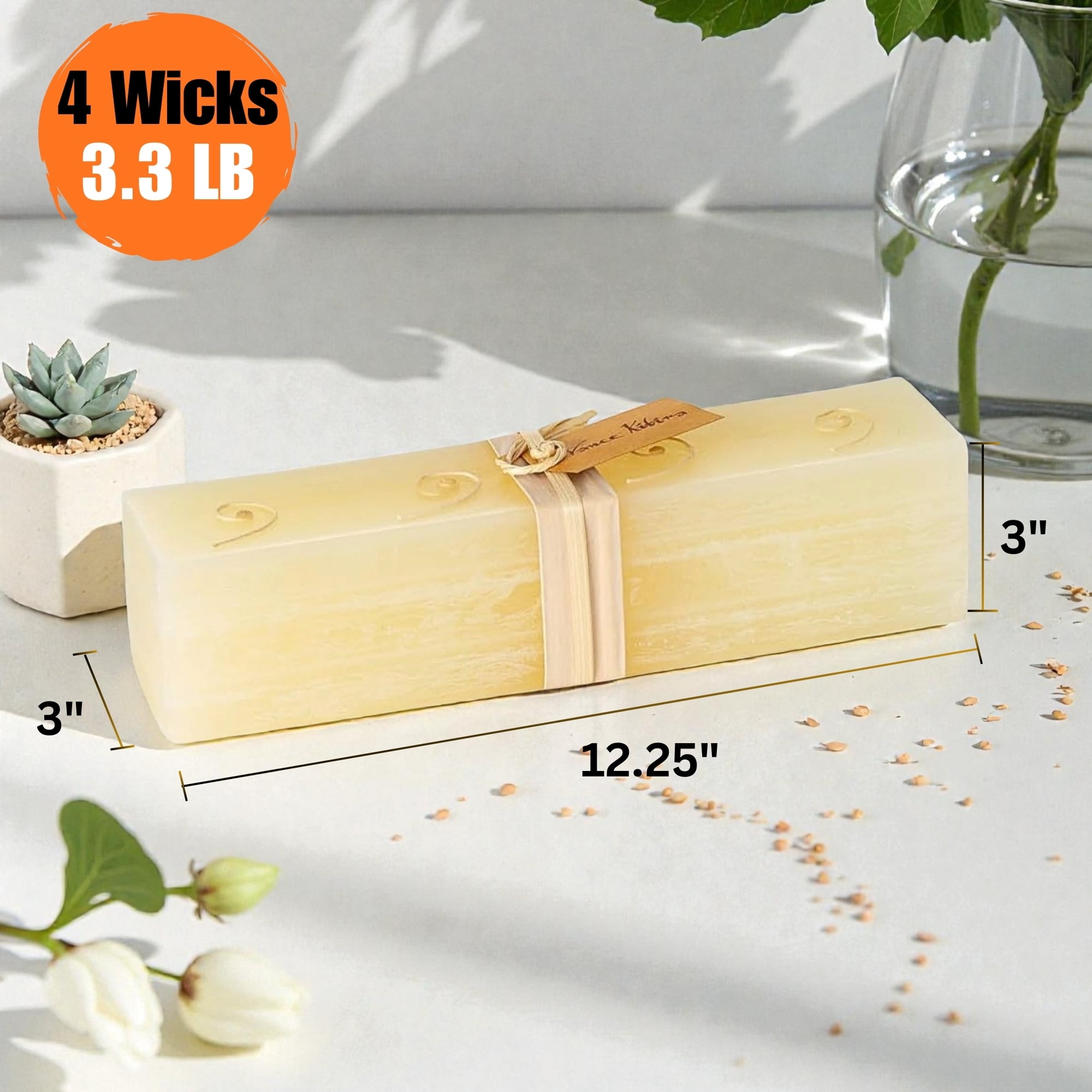 Vance Kitira Coconut Ice Layered Brick Decorative Candle, Unscented, 4 Wick, 12 inch, 45 Hours Burning Time, Smokeless Clean Burning, No Mess