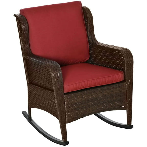 GVN Outdoor Rocking Chair,Outdoor Wicker Rocking Chair, Rattan Rocker with Cushions, Steel Frame for Patio, Garden, Backyard, Wine Red