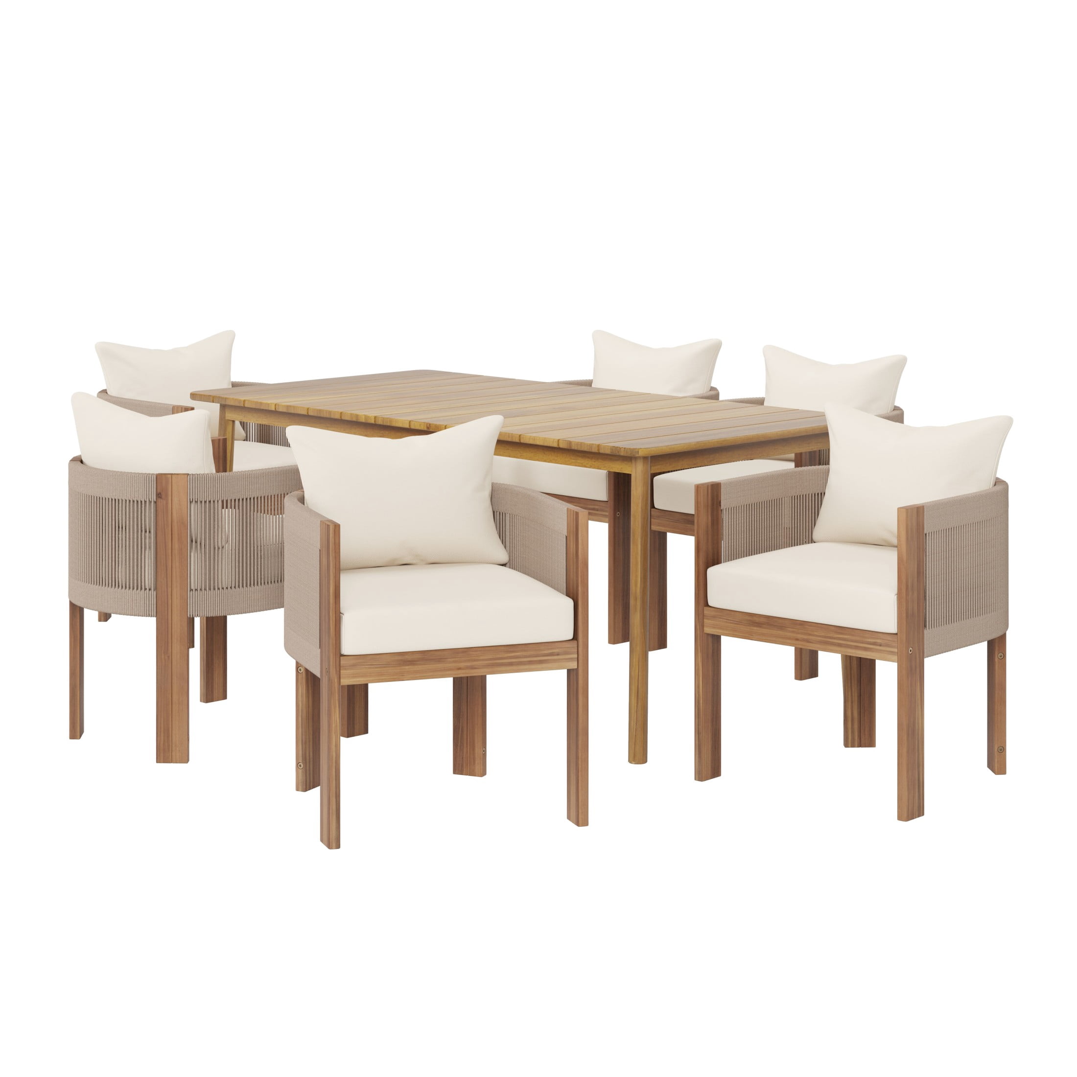 Christopher Knight Home 7-Piece Outdoor Dining Set, Wood Table & Handwoven Rope Chairs with Beige Cushions
