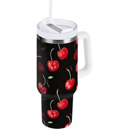 

40oz Red Cherry Tumbler - Stainless Steel Travel Mug with Handle & Straw - Fruit Print Design
