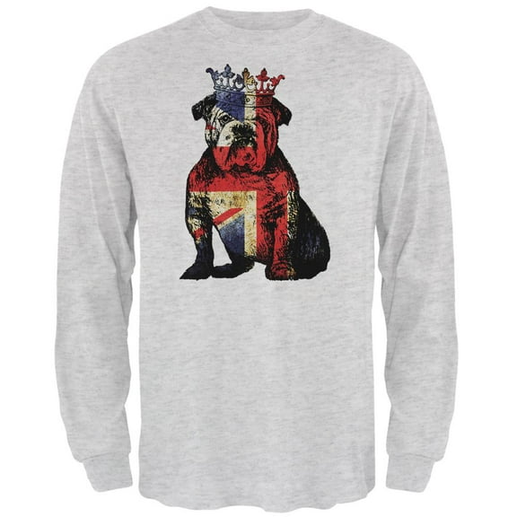 English British Bulldog Crown Grunge Flag Mens Long Sleeve T Shirt Light Heather Grey SM