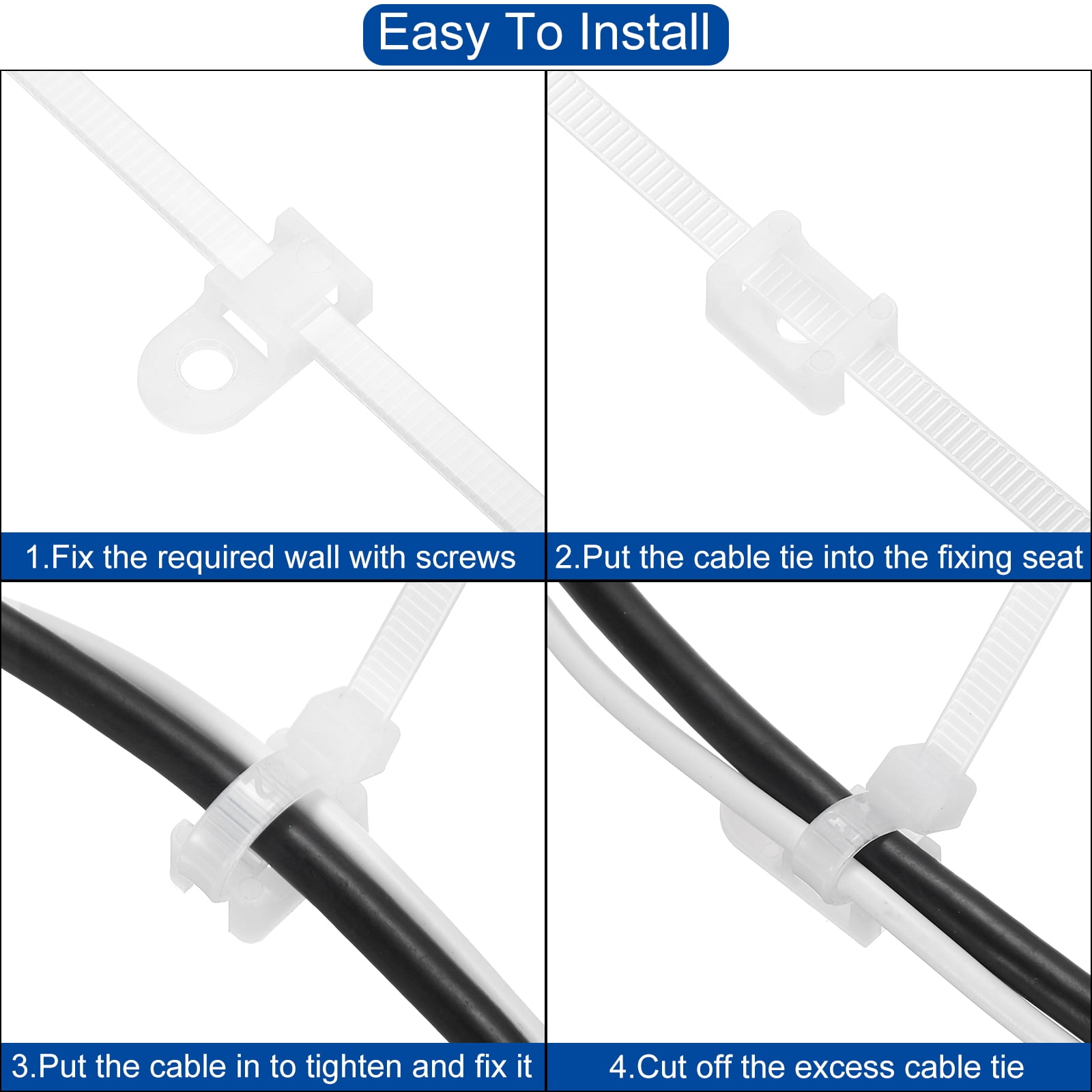 Uxcell 150Pcs Magnetic Zip Tie Mount with Cable Zip Ties and Tapping Screw,White