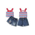 thumbnail image 2 of BemeyourBBs Toddler Baby Girl 4th of July Outfit Baby Girl Denim Summer Outfit Patriot Independence Day Clothes Sleeveless Star Striped Print Ribbed Tank Tops and Ripped Jeans Denim Shorts Set, 2 of 9