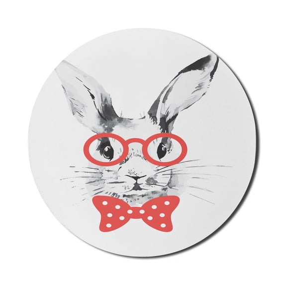 Bunny Mouse Pad for Computers, Nerdy Rabbit with Eyeglasses and a Bow Tie Hand Painted, Round Non-Slip Thick Rubber Modern Gaming Mousepad, 8" Round, Grey Vermillion, by Ambesonne