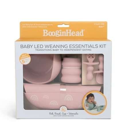 BooginHead 5-Piece Baby-Led Weaning Silicone Tableware, Infant Toddler Girls and Boys, Pink