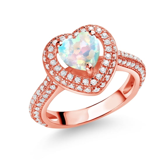 Gem Stone King 18K Rose Gold Plated Silver White Opal and White Moissanite Heart Shape Ring for Women (1.37 Cttw, Size 9)
