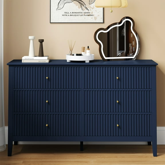 CozyHome Wooden 6-Drawer Fluted Dresser, Modern Chest of Drawers for Bedroom & Living Room, Blue