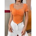 thumbnail image 2 of Liacowi Women's Orange Short Sleeve Irregular Hem Slim Cropped Tops Fashion Going Out Tops, 2 of 8