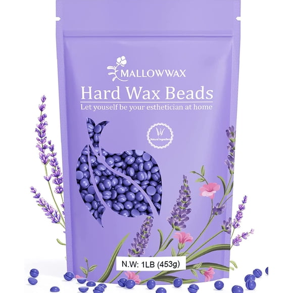Mallowwax Perlas de cera dura Granos de cera para depilación Lavanda natural Sin tiras Cabello grueso específico - Ideal para bikini Piernas brasileñas Axilas Pecho 16 onzas