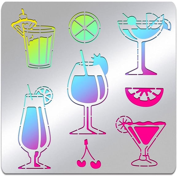Summer Drink Stainless Steel Stencil, Various Styles Hawaiian Lemon Cocktail Cup Patterns Metal Journal Template for Wood Burning Engraving Painting Scrapbooking, 6x6 inch