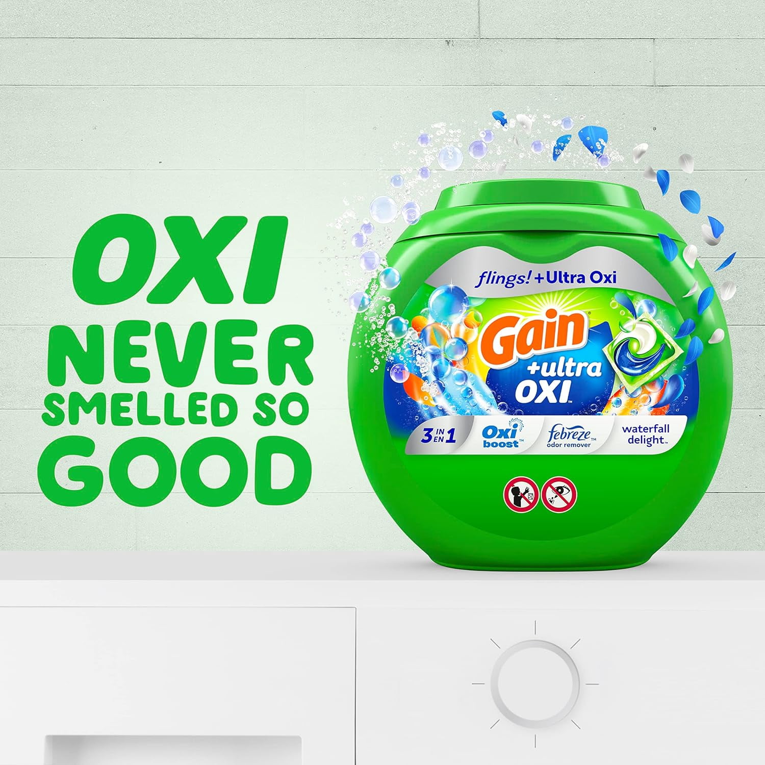 flings Ultra Oxi Laundry Detergent Pacs, 112 Count, Waterfall Delight Scent, 3-in-1, HE Compatible