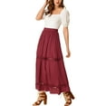 thumbnail image 2 of INSPIRE CHIC Women's Long Skirts Elastic Waist Lace Insert A-Line Maxi Skirt S Wine Red, 2 of 7