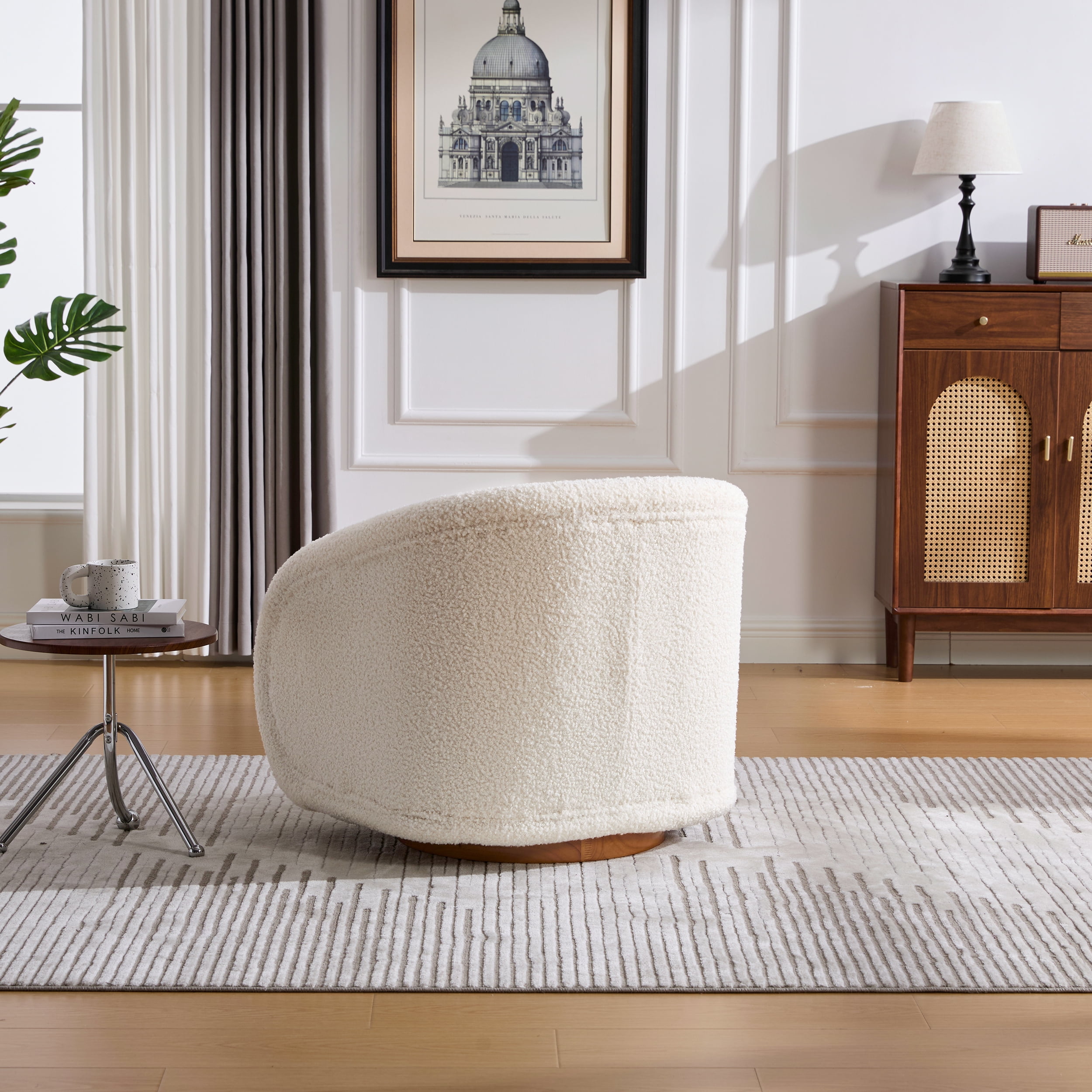 Lunale Swivel Accent Barrel Chair, Modern Pumpkin-Shaped Armchair for Living Room, Beige Teddy Ivory