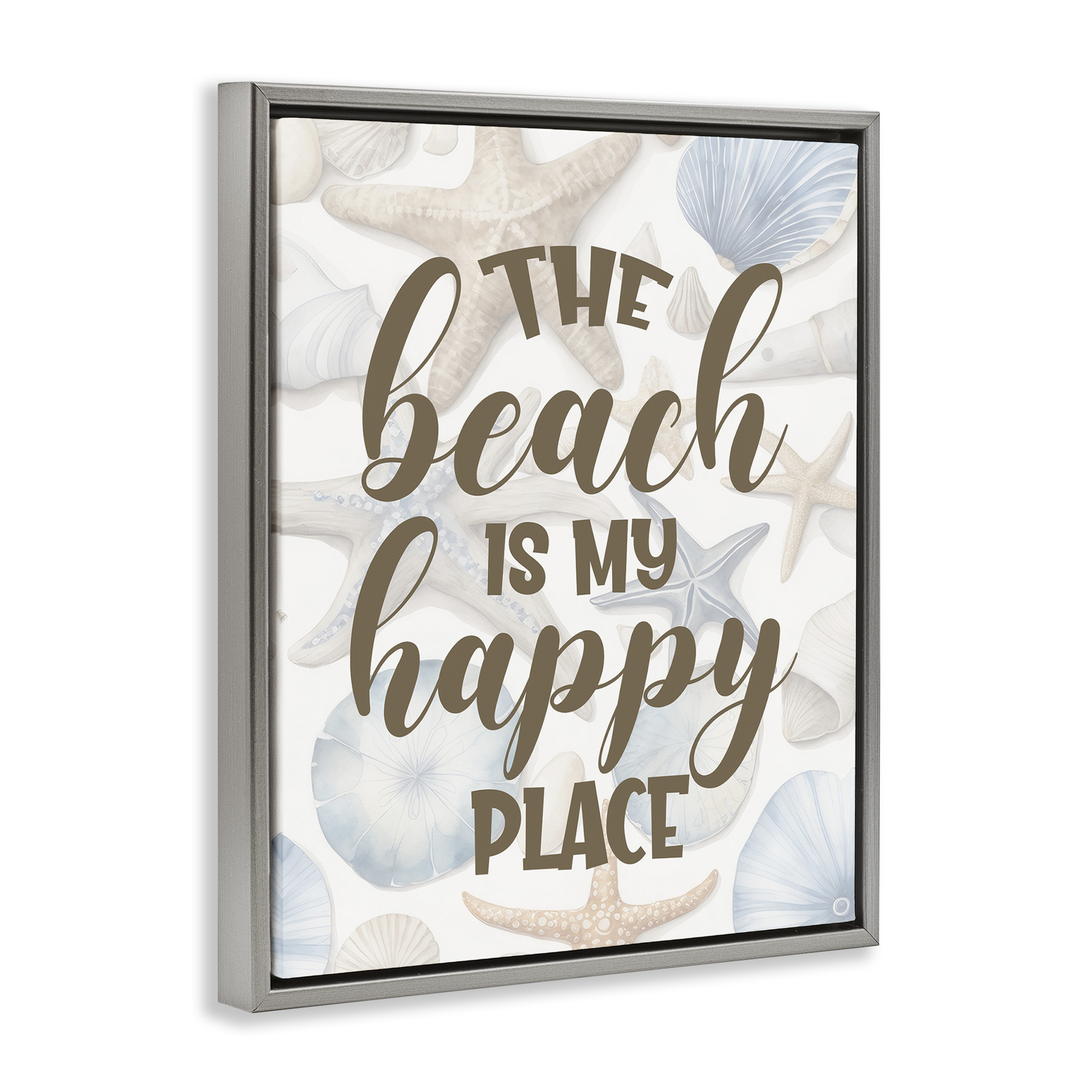 Stupell Industries Beach Happy Place Typography Painting Gray Floater Framed Canvas Art Print Wall Art, 17 x 21