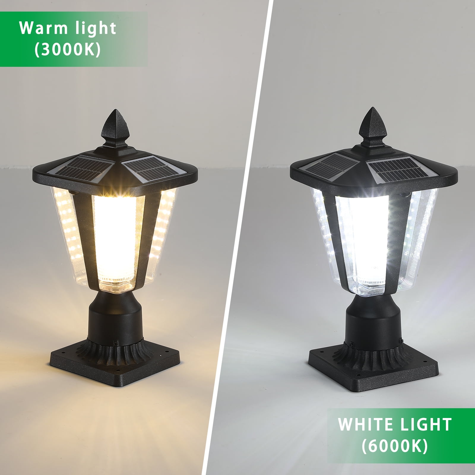 Outdoor Waterproof Solar Lamp Post Light , 15in (H)IP65 3000/6000K LED Lighting Cast Aluminum Dusk to Dawn Solar Post Light Fixture with Pier Mount Base, for Garden Deck Patio,1 pack