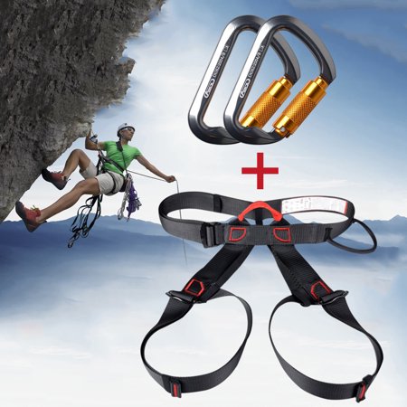 Fall Protection Safety Harness Seat Belt  for Rock Climbing Rappelling Rescue + [2 Packs] D-Shape Aluminum Steel Rock Climbing Hiking Screw Locking Carabiner