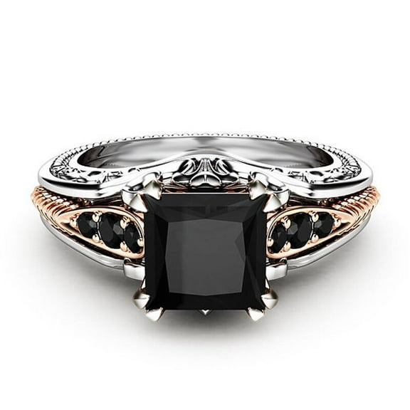 925 Sterling Silver Black Gem Ring Vintage Cocktail Rings Square Cut Black Onyx Marcasite Cubic Zirconia Anniversary Promise Ring Eternity Engagement Wedding Band