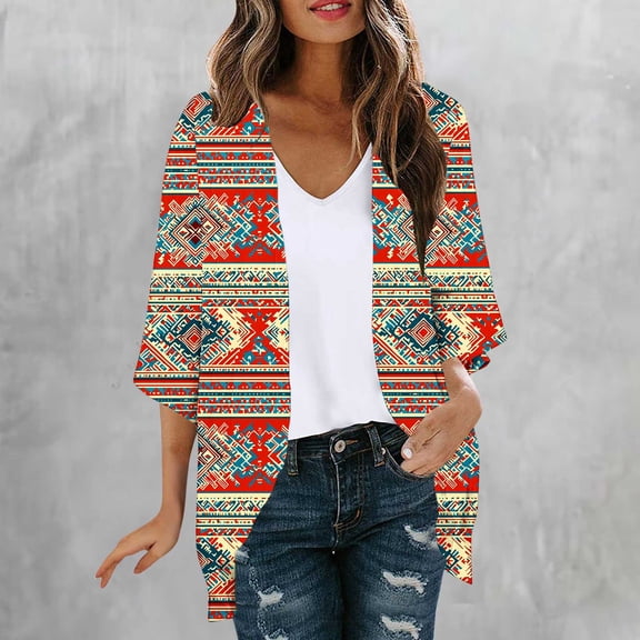 DailyTrove Women Ethnic Stripe Print Open Front Cardigan Casual 3/4 Sleeve Loose Cover Up
