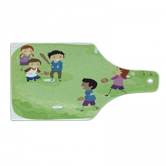 Sports Cutting Board, Friends at Backyard Playing Baseball Joyful Days Cartoon Style Print, Decorative Tempered Glass Cutting and Serving Board, Wine Bottle Shape, Multicolor, by Ambesonne