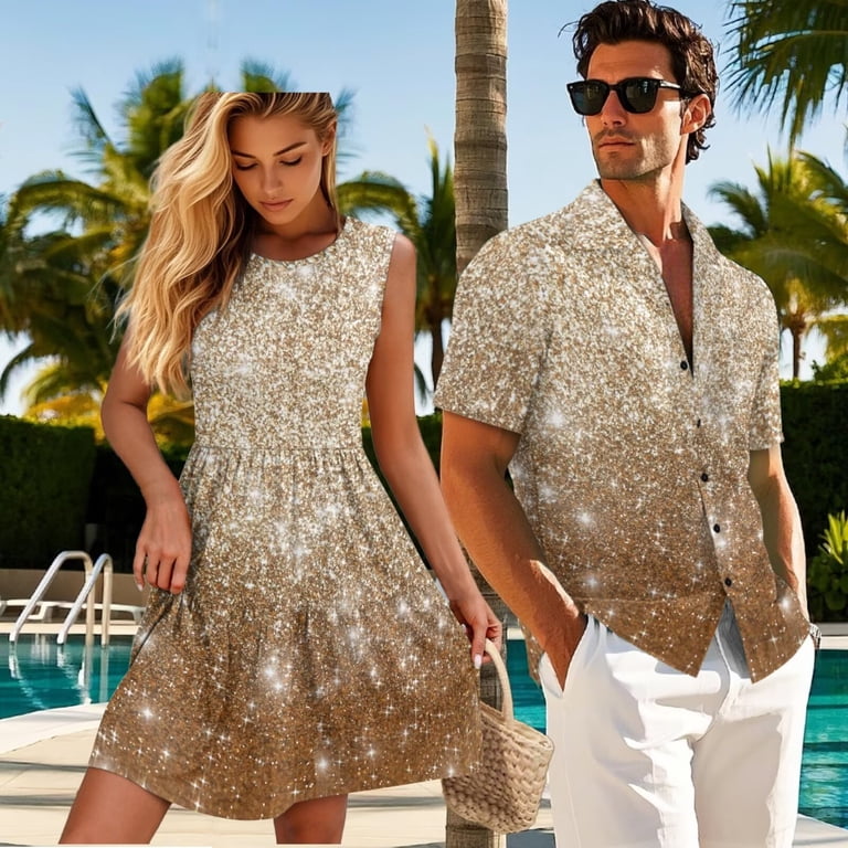 men's outfit to match gold dress Jeiento Couples Outfits Matching Sets Summer Shirt for Men Casual Womens Hawaiian Dresses Glitter Sparkly Bling Pleated Tiered Button Up Short Sleeve Shirts for Men dress_type_Pageant: Miss