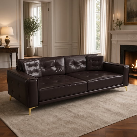 Pull Out Sofa Bed, 92" 3-in-1 Convertible Sleeper Couch with King Size Bed, Faux Leather Tufted 4-Seater, Ultra Wide Armrests & 2 Pillows, for Living Room Apartment, Dark Brown